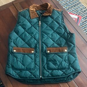 J. Crew Quilted Teal Vest with Brown Corduroy Trim